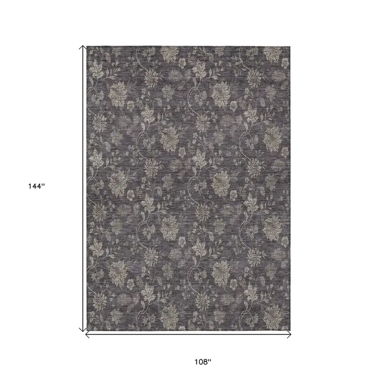9' X 12' Taupe And Beige Floral Washable Indoor Outdoor Area Rug