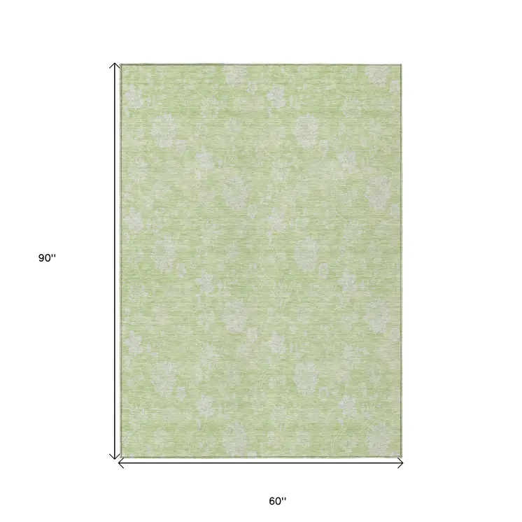 5' X 8' Artichoke Green Mint Green And Ivory Floral Washable Indoor Outdoor Area Rug