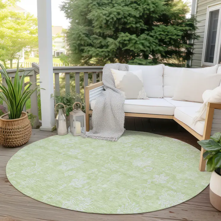 8' Artichoke Green Mint Green And Ivory Round Floral Washable Indoor Outdoor Area Rug