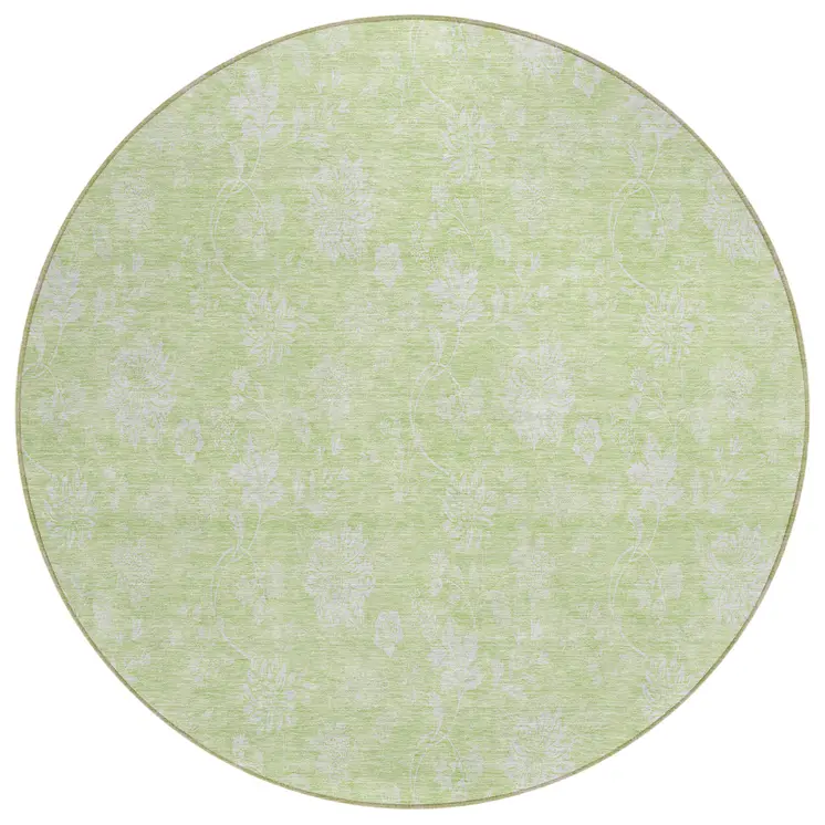 8' Artichoke Green Mint Green And Ivory Round Floral Washable Indoor Outdoor Area Rug