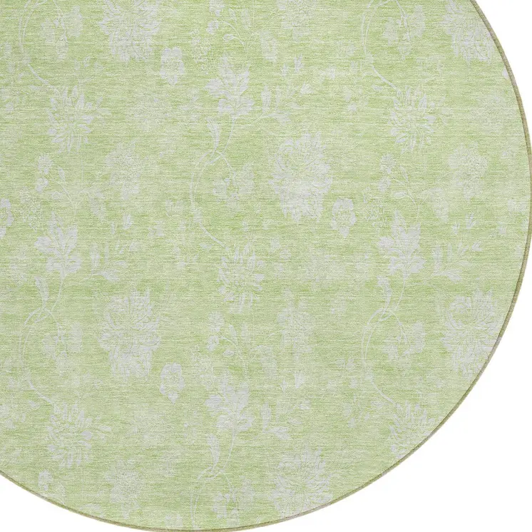 8' Artichoke Green Mint Green And Ivory Round Floral Washable Indoor Outdoor Area Rug