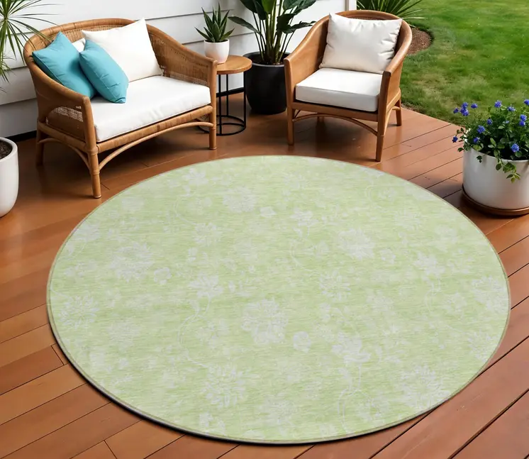 8' Artichoke Green Mint Green And Ivory Round Floral Washable Indoor Outdoor Area Rug
