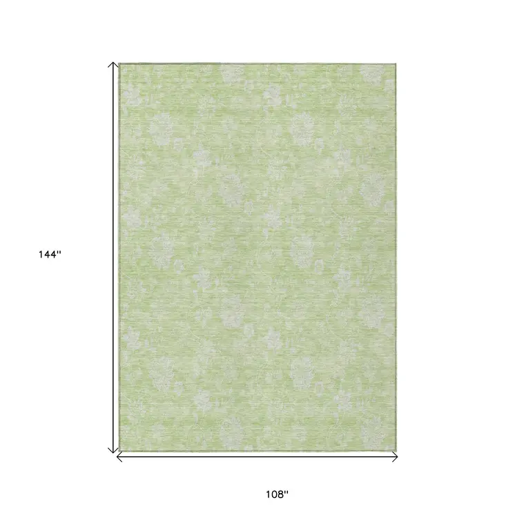 9' X 12' Artichoke Green Mint Green And Ivory Floral Washable Indoor Outdoor Area Rug