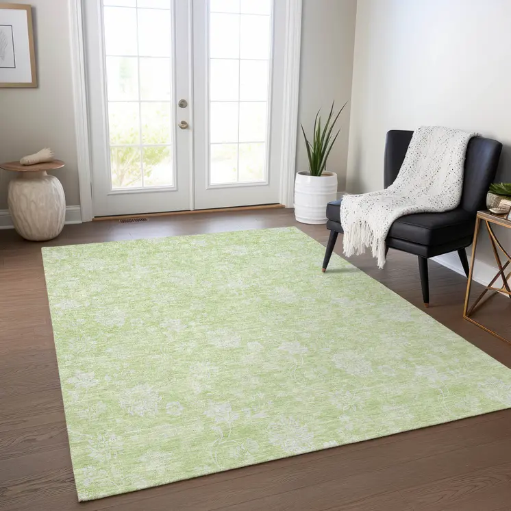 9' X 12' Artichoke Green Mint Green And Ivory Floral Washable Indoor Outdoor Area Rug