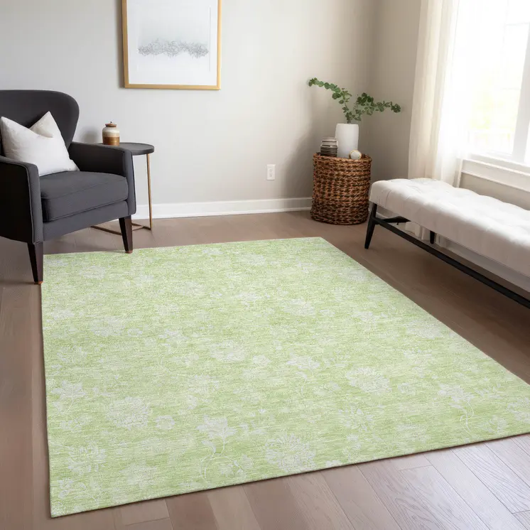 9' X 12' Artichoke Green Mint Green And Ivory Floral Washable Indoor Outdoor Area Rug