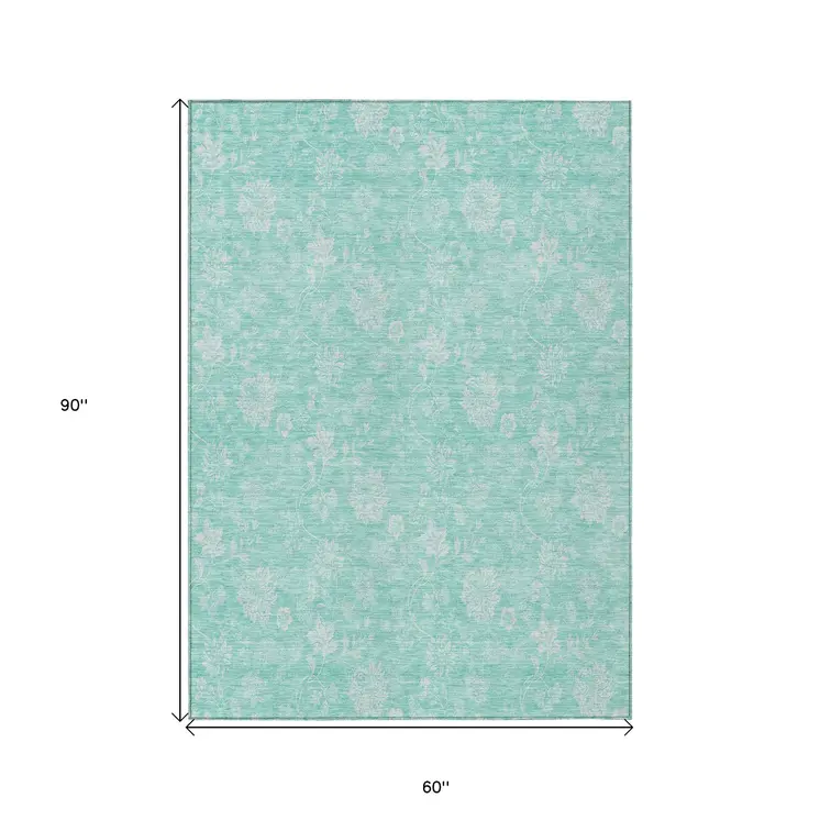 5' X 8' Aqua And Ivory Floral Washable Indoor Outdoor Area Rug