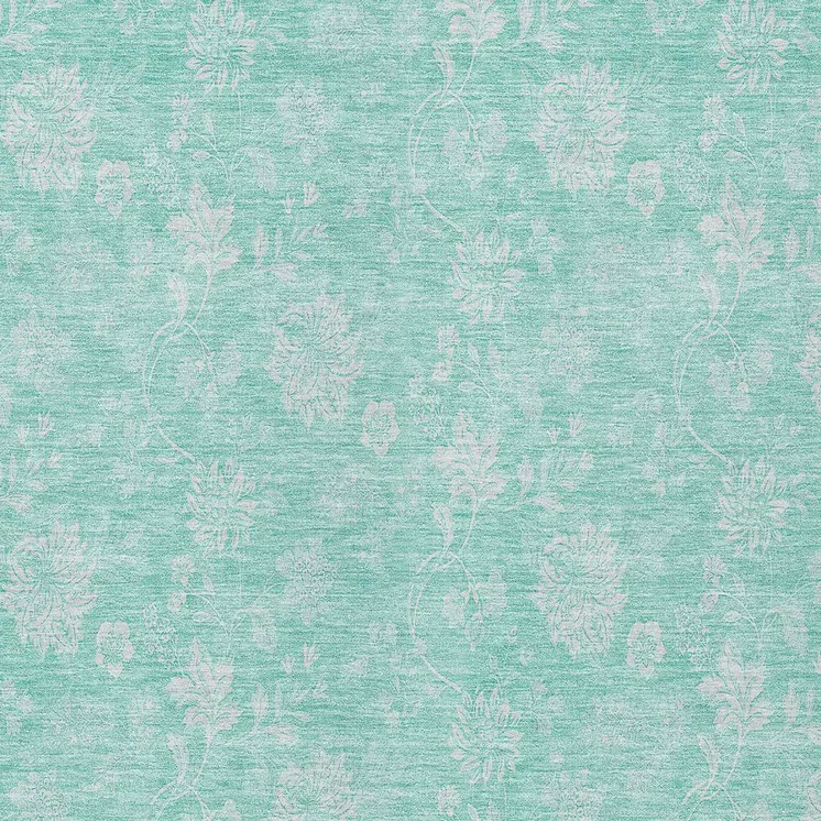 5' X 8' Aqua And Ivory Floral Washable Indoor Outdoor Area Rug