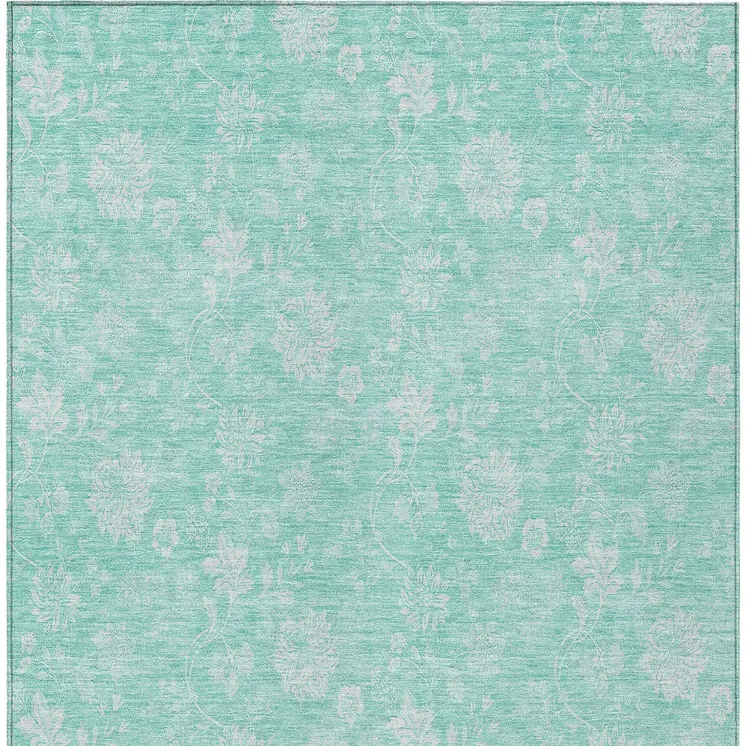 5' X 8' Aqua And Ivory Floral Washable Indoor Outdoor Area Rug