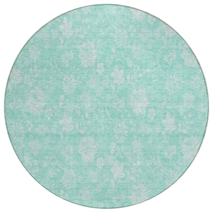 8' Aqua And Ivory Round Floral Washable Indoor Outdoor Area Rug