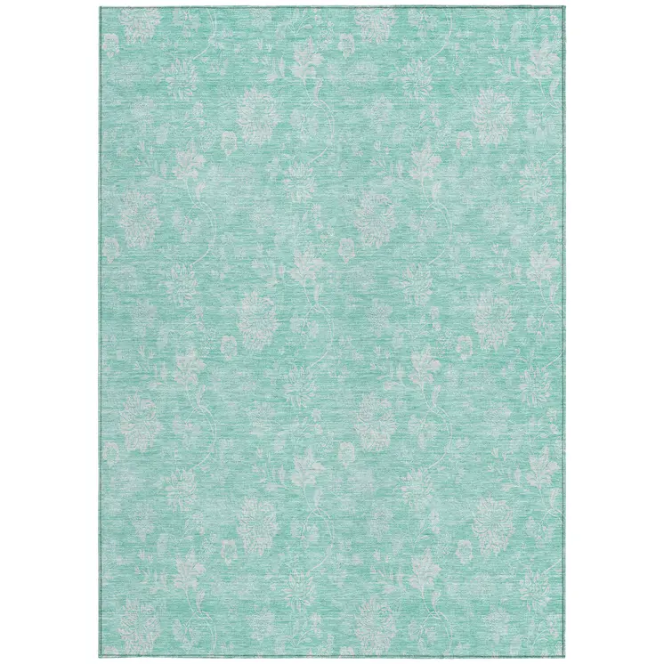 8' X 10' Aqua And Ivory Floral Washable Indoor Outdoor Area Rug