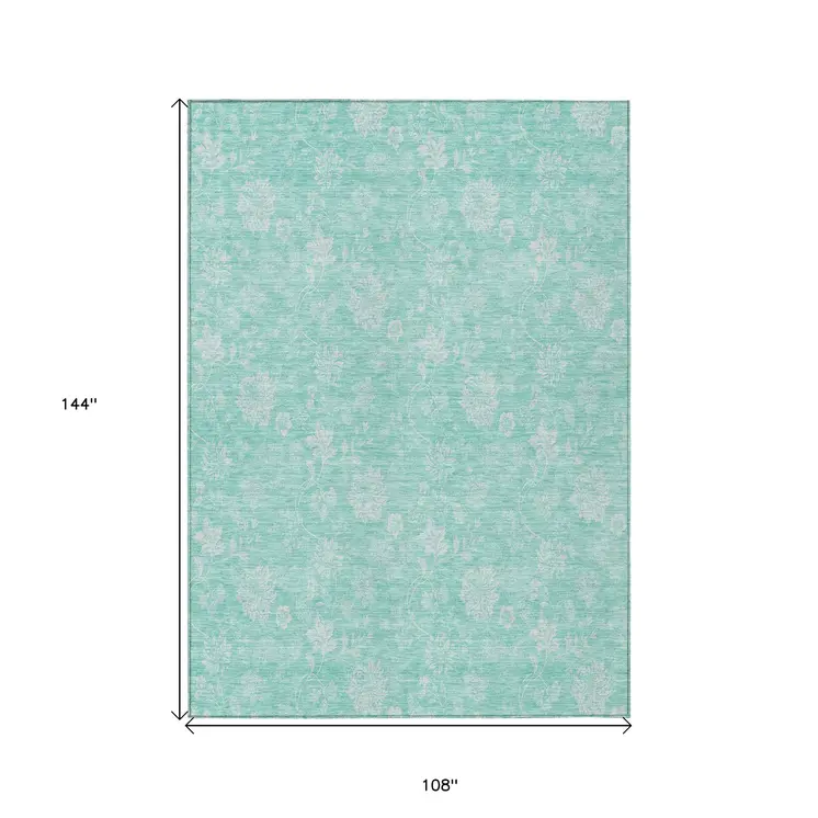 9' X 12' Aqua And Ivory Floral Washable Indoor Outdoor Area Rug
