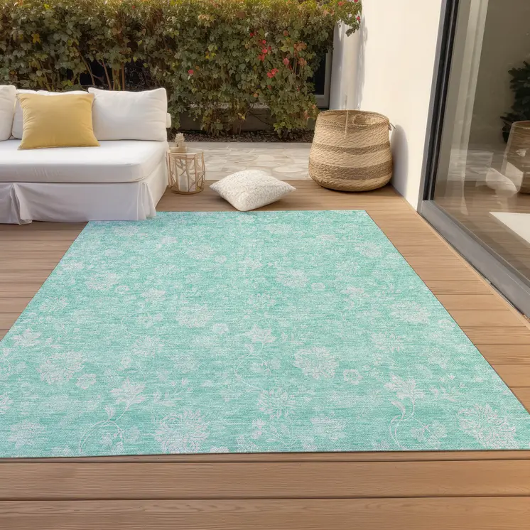 9' X 12' Aqua And Ivory Floral Washable Indoor Outdoor Area Rug