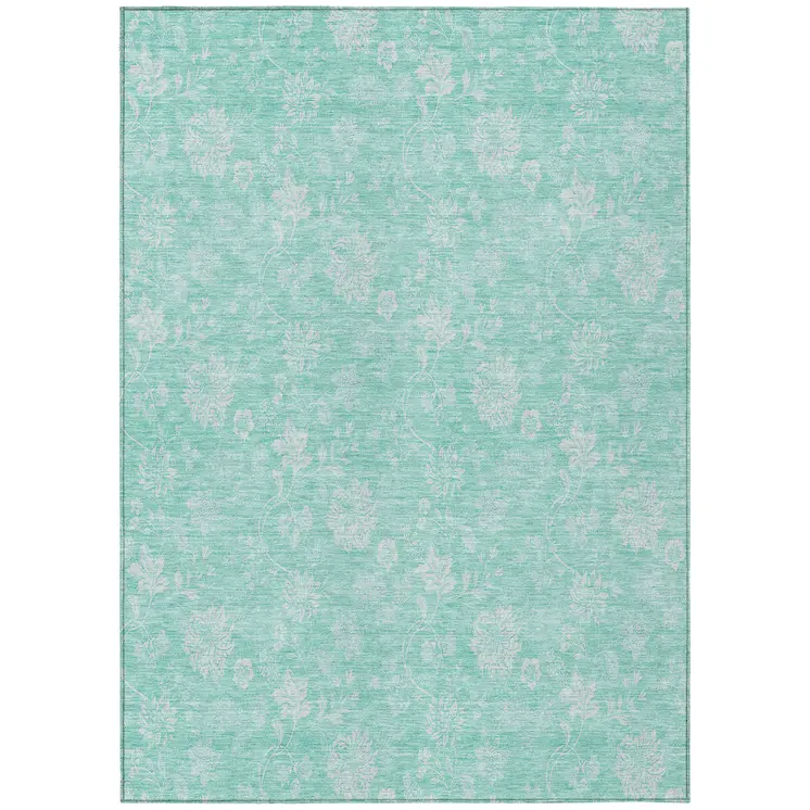 9' X 12' Aqua And Ivory Floral Washable Indoor Outdoor Area Rug