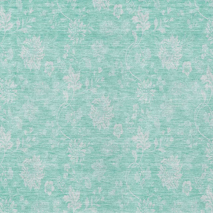 9' X 12' Aqua And Ivory Floral Washable Indoor Outdoor Area Rug