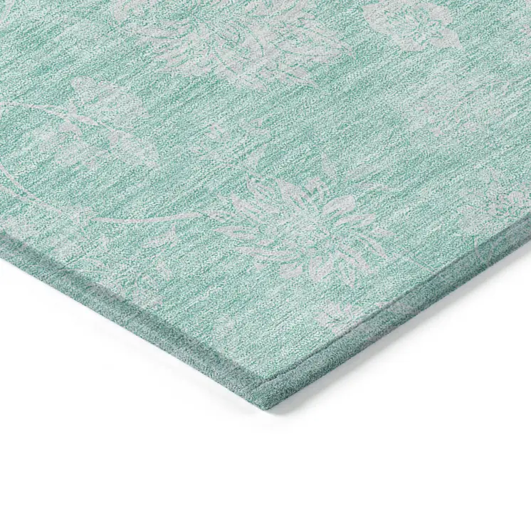 9' X 12' Aqua And Ivory Floral Washable Indoor Outdoor Area Rug