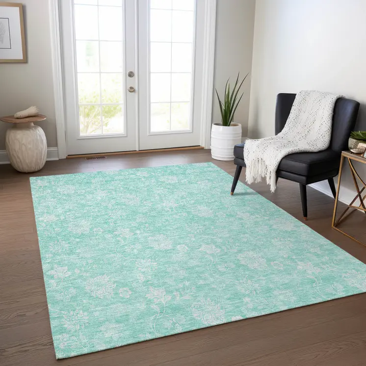 9' X 12' Aqua And Ivory Floral Washable Indoor Outdoor Area Rug