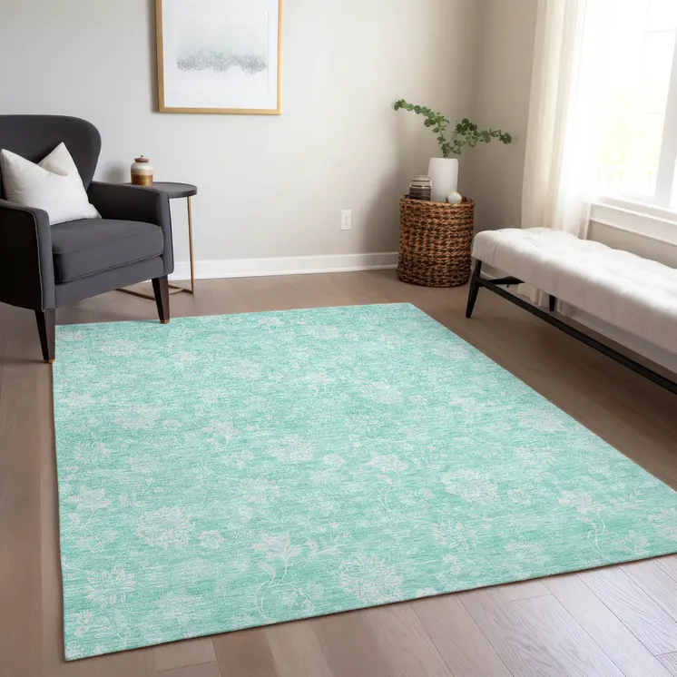 9' X 12' Aqua And Ivory Floral Washable Indoor Outdoor Area Rug