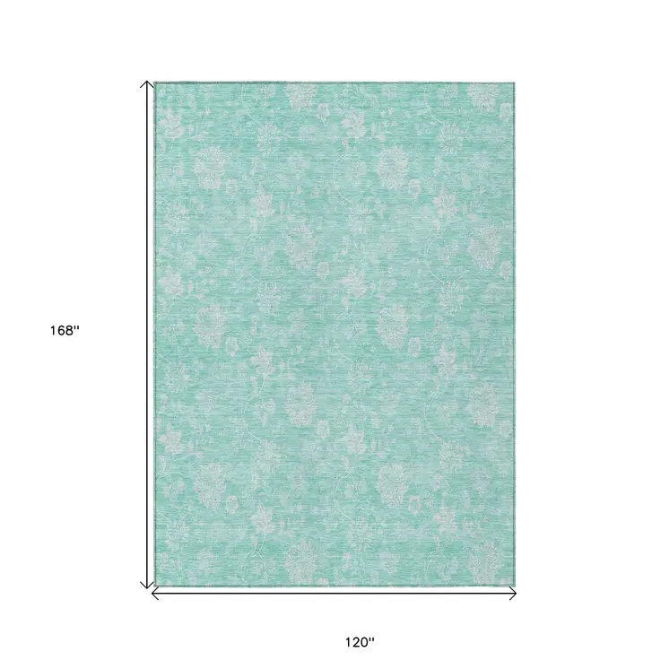 10' X 14' Aqua And Ivory Floral Washable Indoor Outdoor Area Rug
