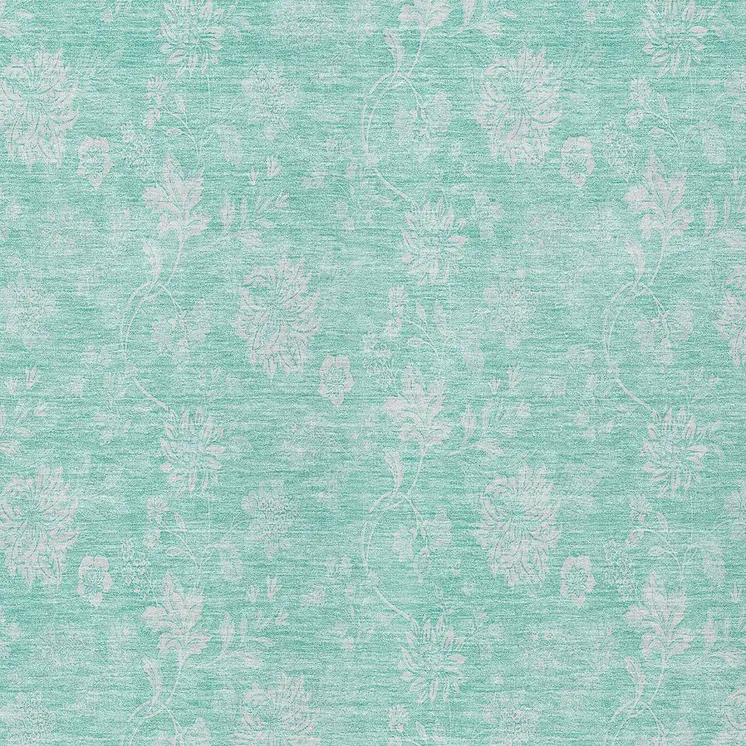 10' X 14' Aqua And Ivory Floral Washable Indoor Outdoor Area Rug