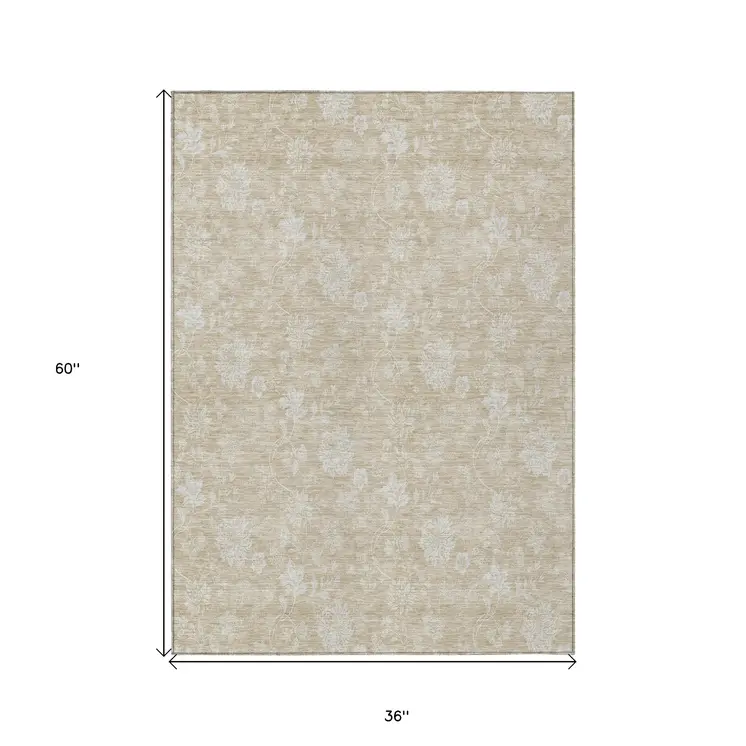 3' X 5' Beige Tan And Ivory Floral Washable Indoor Outdoor Area Rug