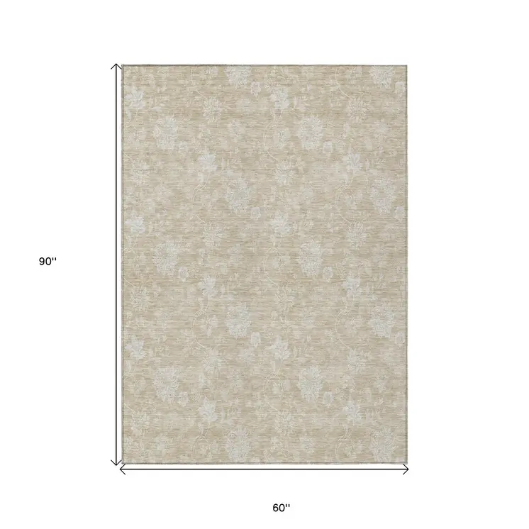 5' X 8' Beige Tan And Ivory Floral Washable Indoor Outdoor Area Rug