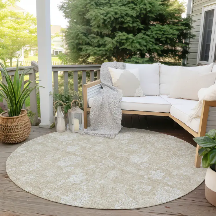 8' Beige Tan And Ivory Round Floral Washable Indoor Outdoor Area Rug