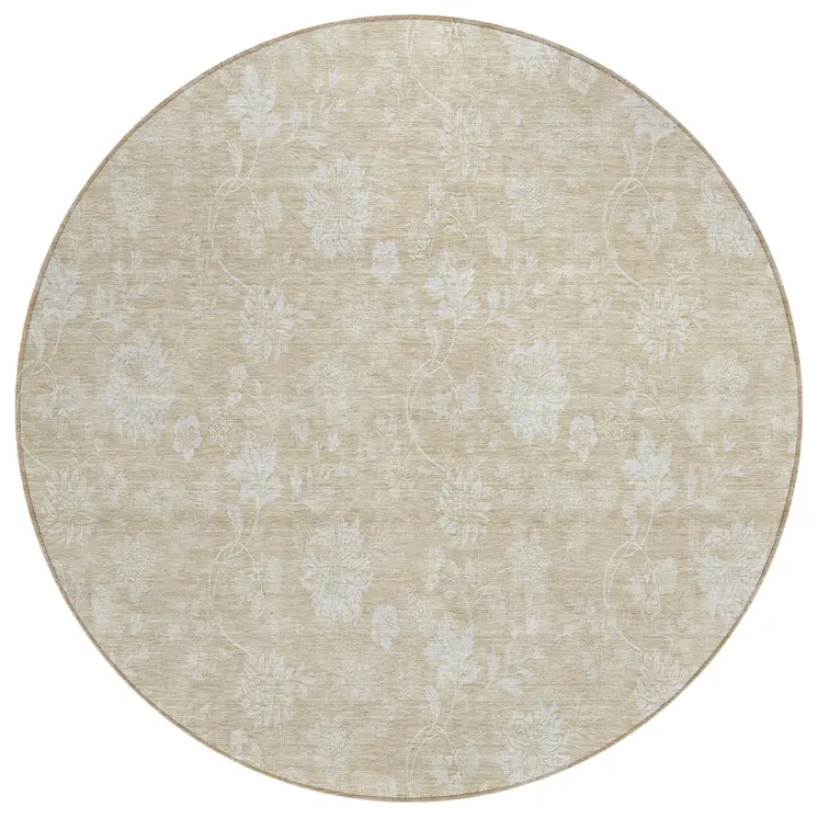8' Beige Tan And Ivory Round Floral Washable Indoor Outdoor Area Rug