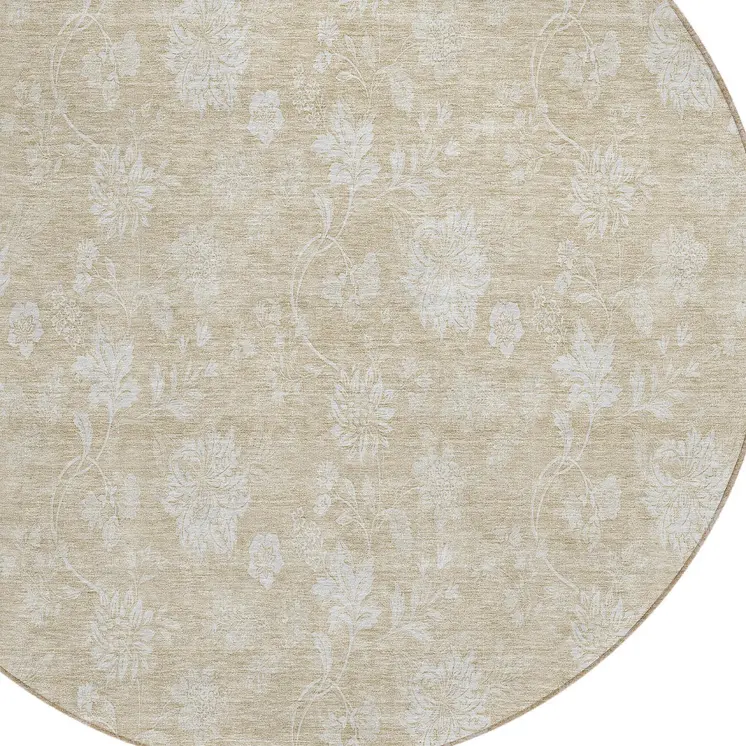 8' Beige Tan And Ivory Round Floral Washable Indoor Outdoor Area Rug