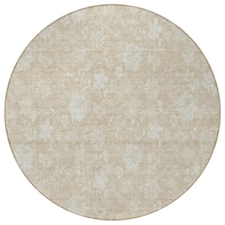 8' Beige Tan And Ivory Round Floral Washable Indoor Outdoor Area Rug