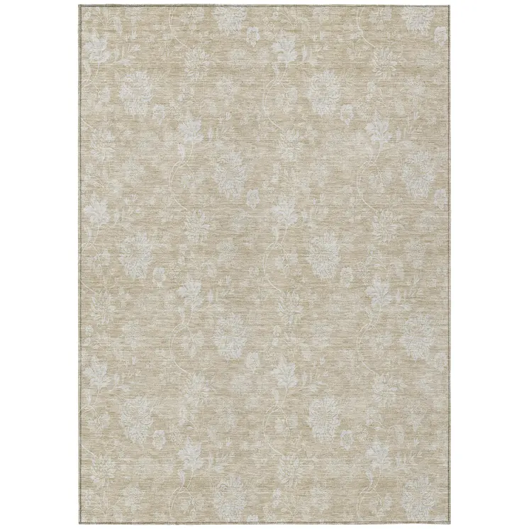 8' X 10' Beige Tan And Ivory Floral Washable Indoor Outdoor Area Rug