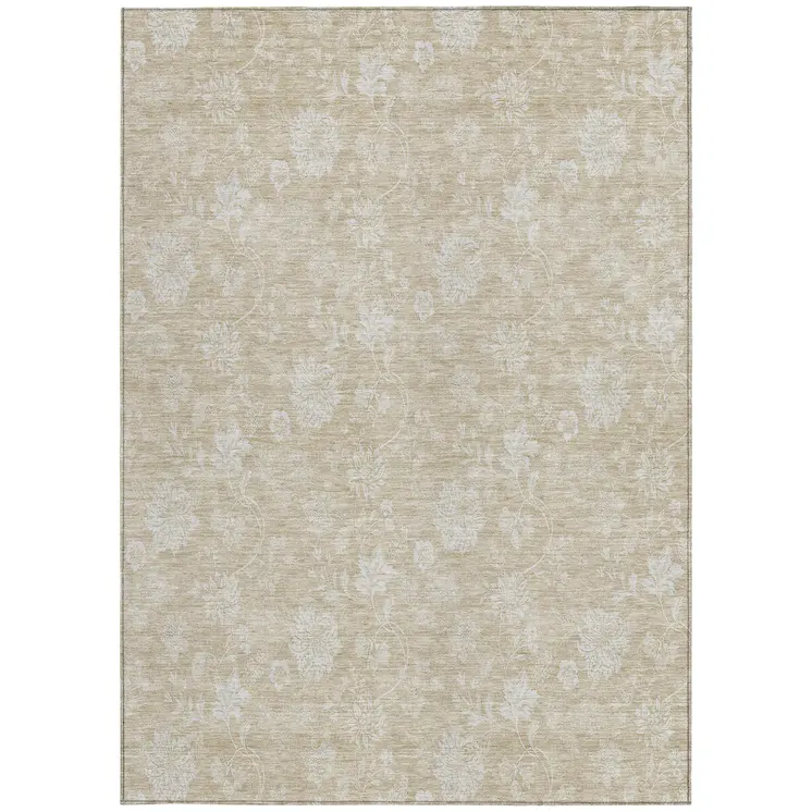 10' X 14' Beige Tan And Ivory Floral Washable Indoor Outdoor Area Rug