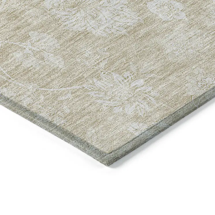 10' X 14' Beige Tan And Ivory Floral Washable Indoor Outdoor Area Rug