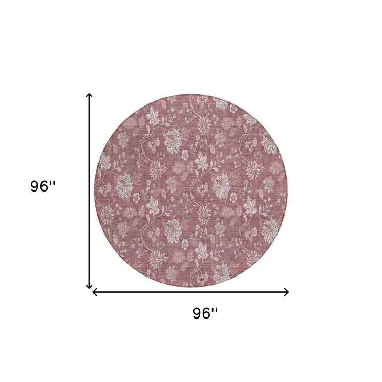 8' Blush Pink And Mauve Round Floral Washable Indoor Outdoor Area Rug