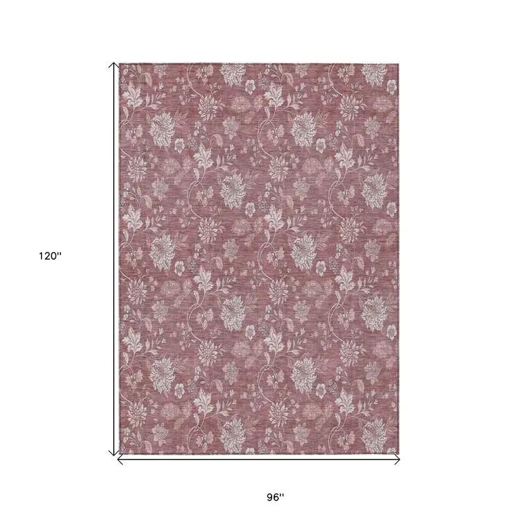 8' X 10' Blush Pink And Mauve Floral Washable Indoor Outdoor Area Rug