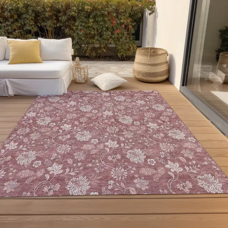 10' X 14' Blush Pink And Mauve Floral Washable Indoor Outdoor Area Rug