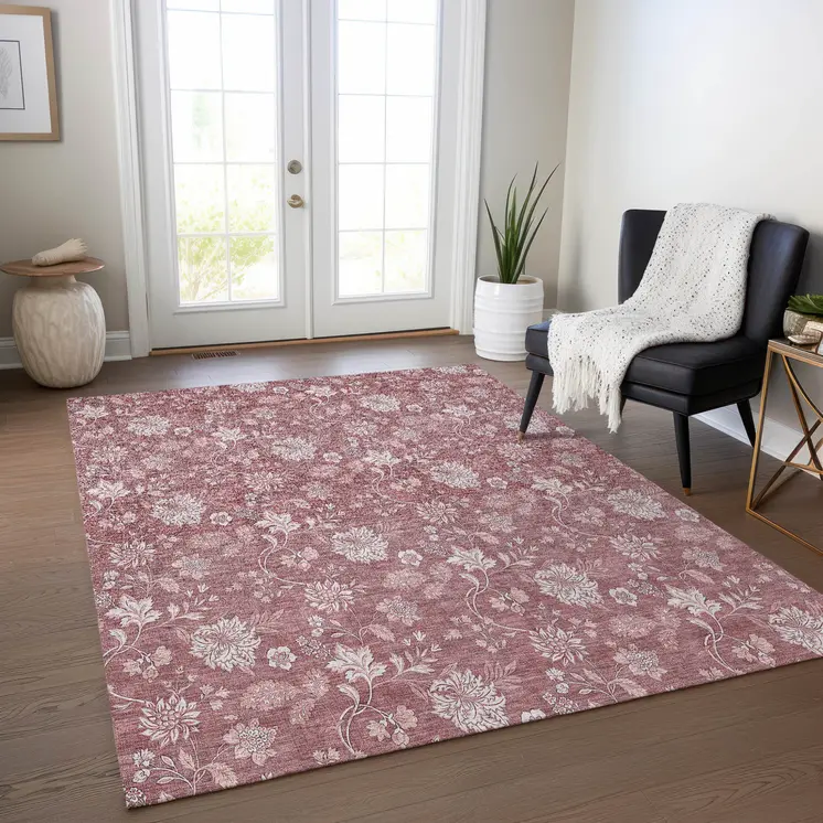 10' X 14' Blush Pink And Mauve Floral Washable Indoor Outdoor Area Rug
