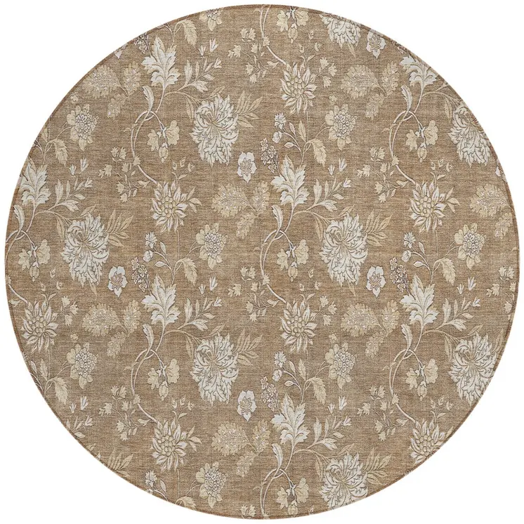 8' Copper And Beige Round Floral Washable Indoor Outdoor Area Rug