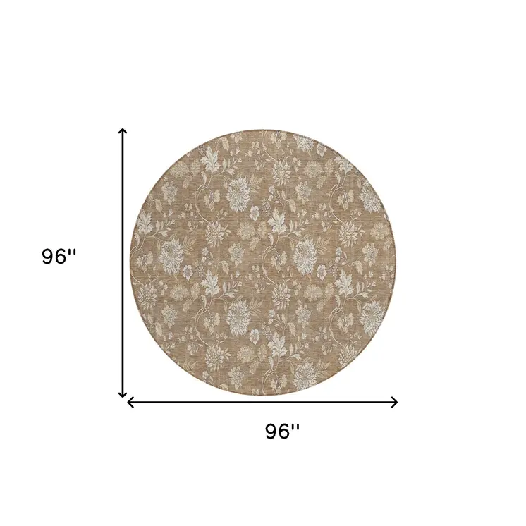 8' Copper And Beige Round Floral Washable Indoor Outdoor Area Rug
