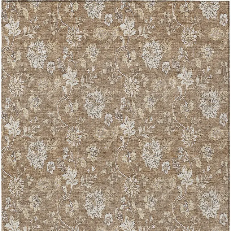 8' X 10' Copper And Beige Floral Washable Indoor Outdoor Area Rug