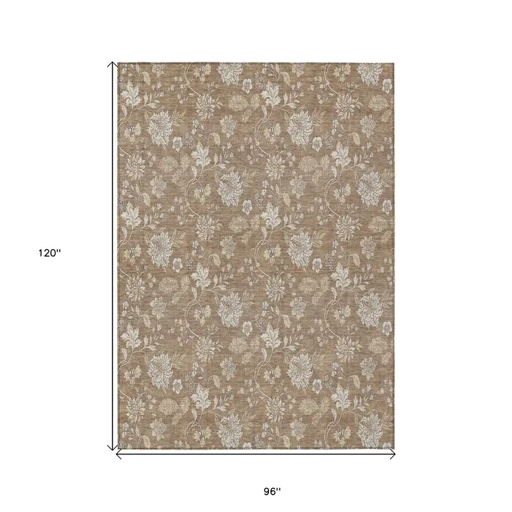 8' X 10' Copper And Beige Floral Washable Indoor Outdoor Area Rug