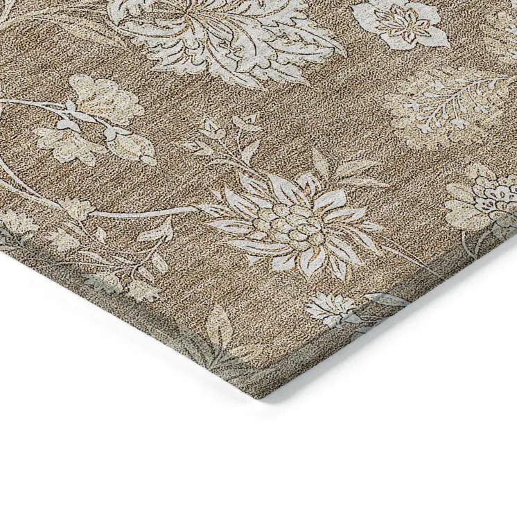 8' X 10' Copper And Beige Floral Washable Indoor Outdoor Area Rug