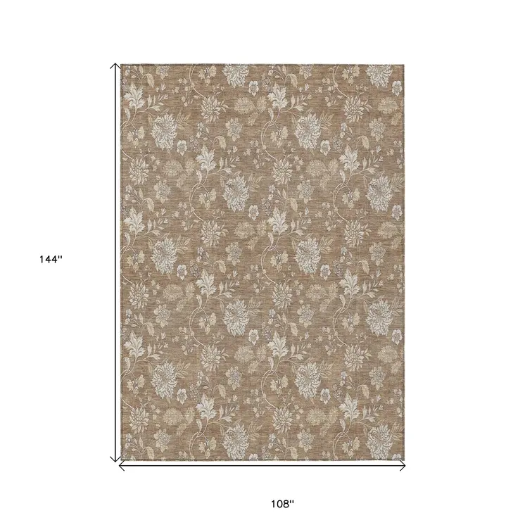 9' X 12' Copper And Beige Floral Washable Indoor Outdoor Area Rug