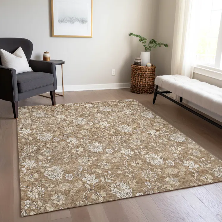 9' X 12' Copper And Beige Floral Washable Indoor Outdoor Area Rug