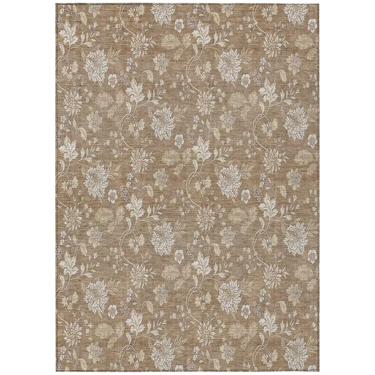 10' X 14' Copper And Beige Floral Washable Indoor Outdoor Area Rug