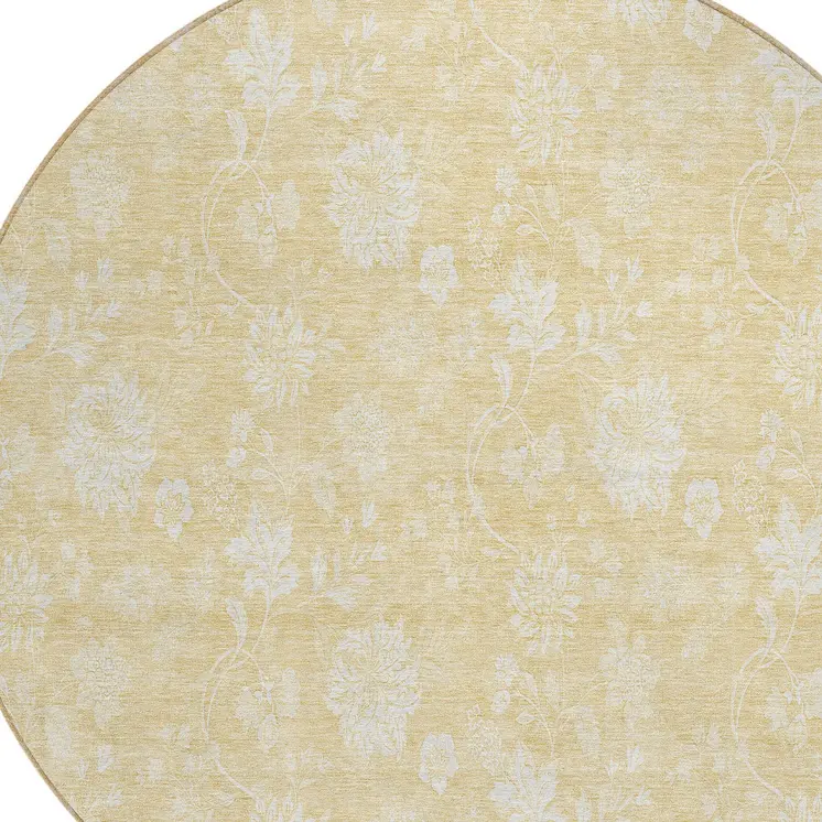 8' Yellow Wheat And Ivory Round Floral Washable Indoor Outdoor Area Rug