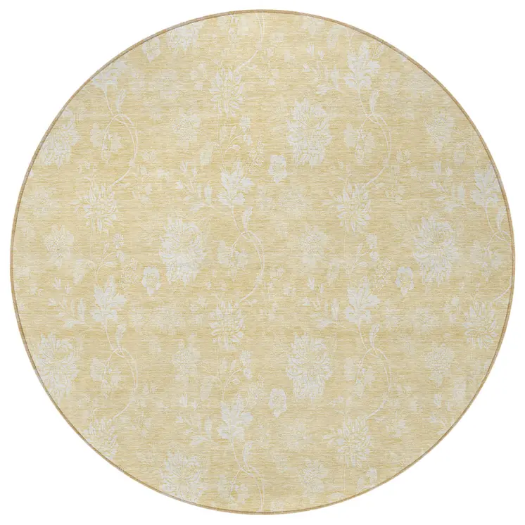 8' Yellow Wheat And Ivory Round Floral Washable Indoor Outdoor Area Rug