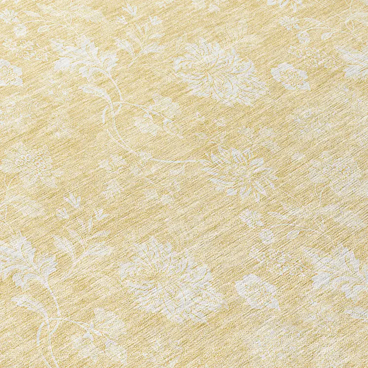 8' Yellow Wheat And Ivory Round Floral Washable Indoor Outdoor Area Rug