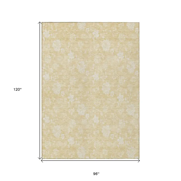 8' X 10' Yellow Wheat And Ivory Floral Washable Indoor Outdoor Area Rug