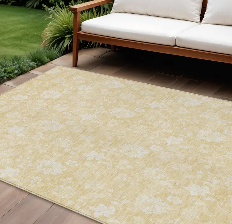 8' X 10' Yellow Wheat And Ivory Floral Washable Indoor Outdoor Area Rug