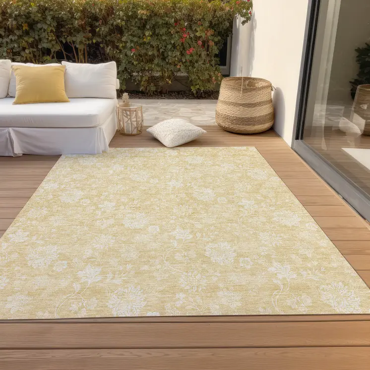 8' X 10' Yellow Wheat And Ivory Floral Washable Indoor Outdoor Area Rug